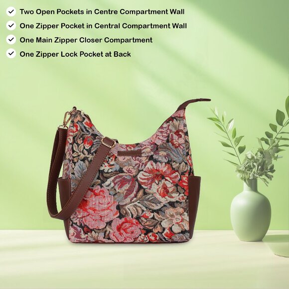 Women's Floral Tapestry Fabric Hobo Bag | Leather-Trimmed Crossbody Bag - Picture 4 of 8